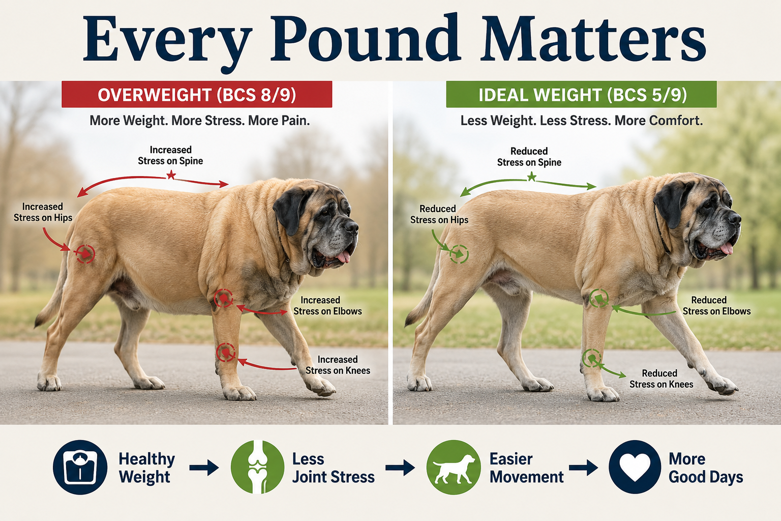 Comparison infographic showing an overweight dog (Body Condition Score 8/9) and an ideal-weight dog (Body Condition Score 5/9), illustrating how excess weight increases stress on the spine, hips, elbows, and knees while maintaining an ideal weight reduces joint stress and improves mobility.