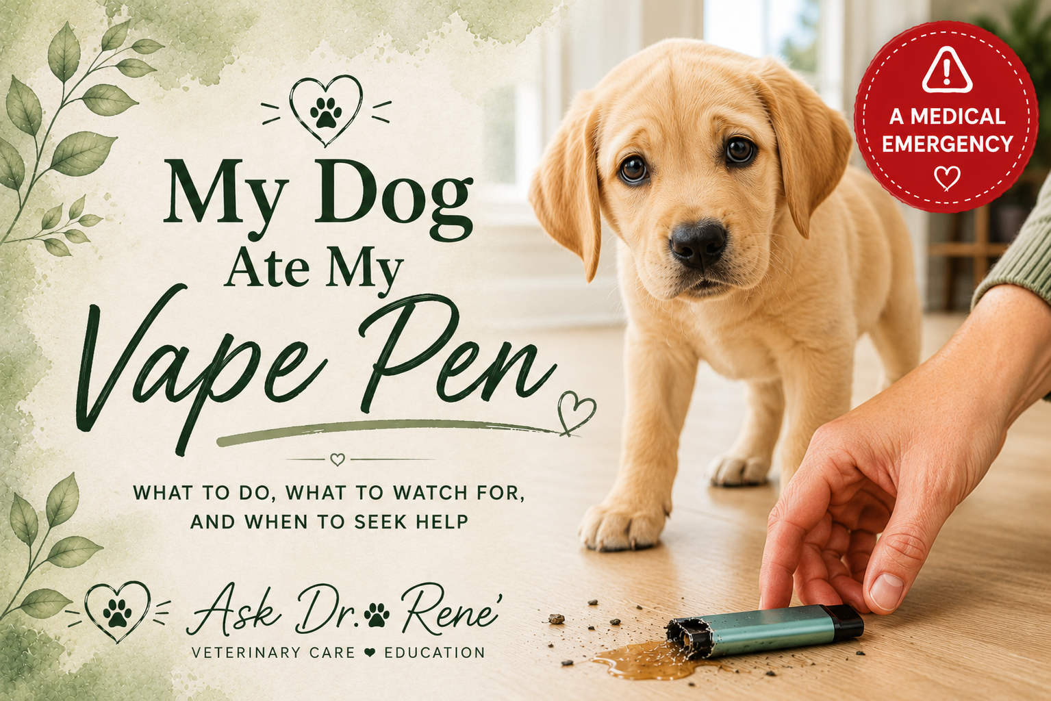 Illustrated cover: a yellow Labrador puppy looking at a broken vape pen on the floor with the words 'My Dog Ate My Vape Pen — What to do, what to watch for, and when to seek help' and a red 'A Medical Emergency' badge.