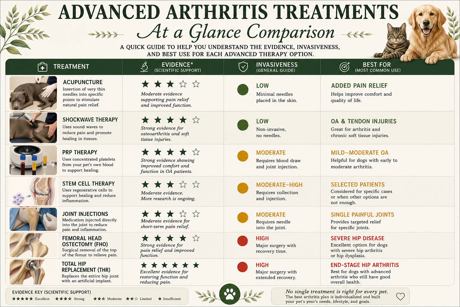Comparison chart of advanced arthritis treatments used when building an individualized arthritis plan for dogs and cats.