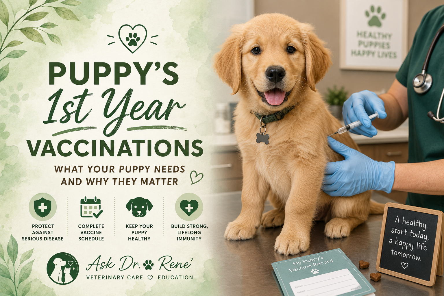Ask Dr. Rene' cover art: a golden retriever puppy receiving a vaccine from a veterinarian, with the title 'Puppy's 1st Year Vaccinations — What Your Puppy Needs and Why They Matter.'