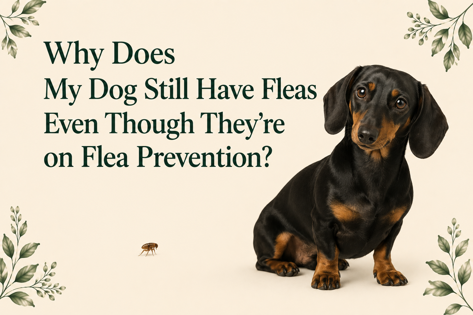 Black-and-tan Dachshund beside a small flea illustrating why a dog may still encounter fleas while receiving flea prevention.