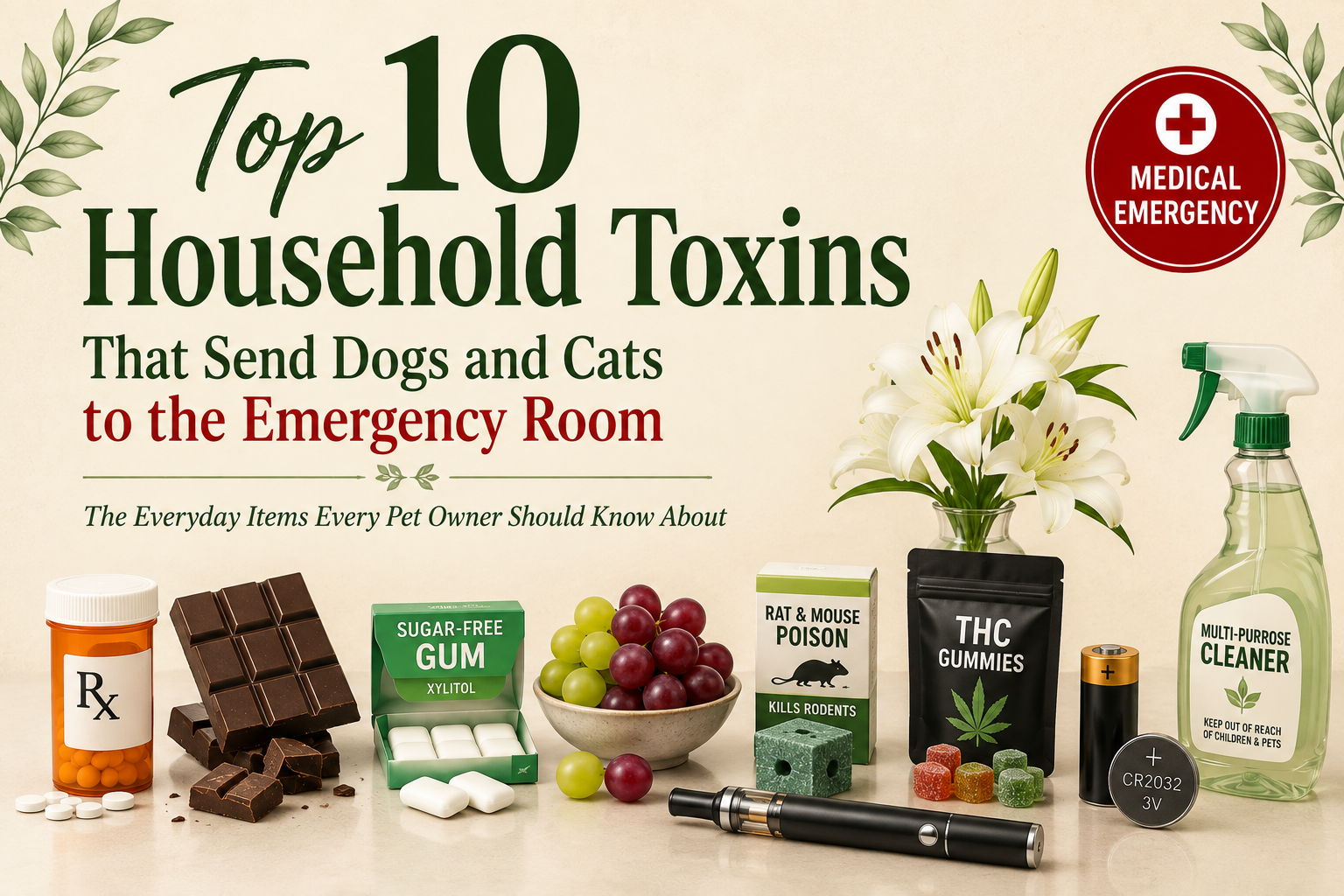 A dog and cat surrounded by common household items that may be toxic to pets.