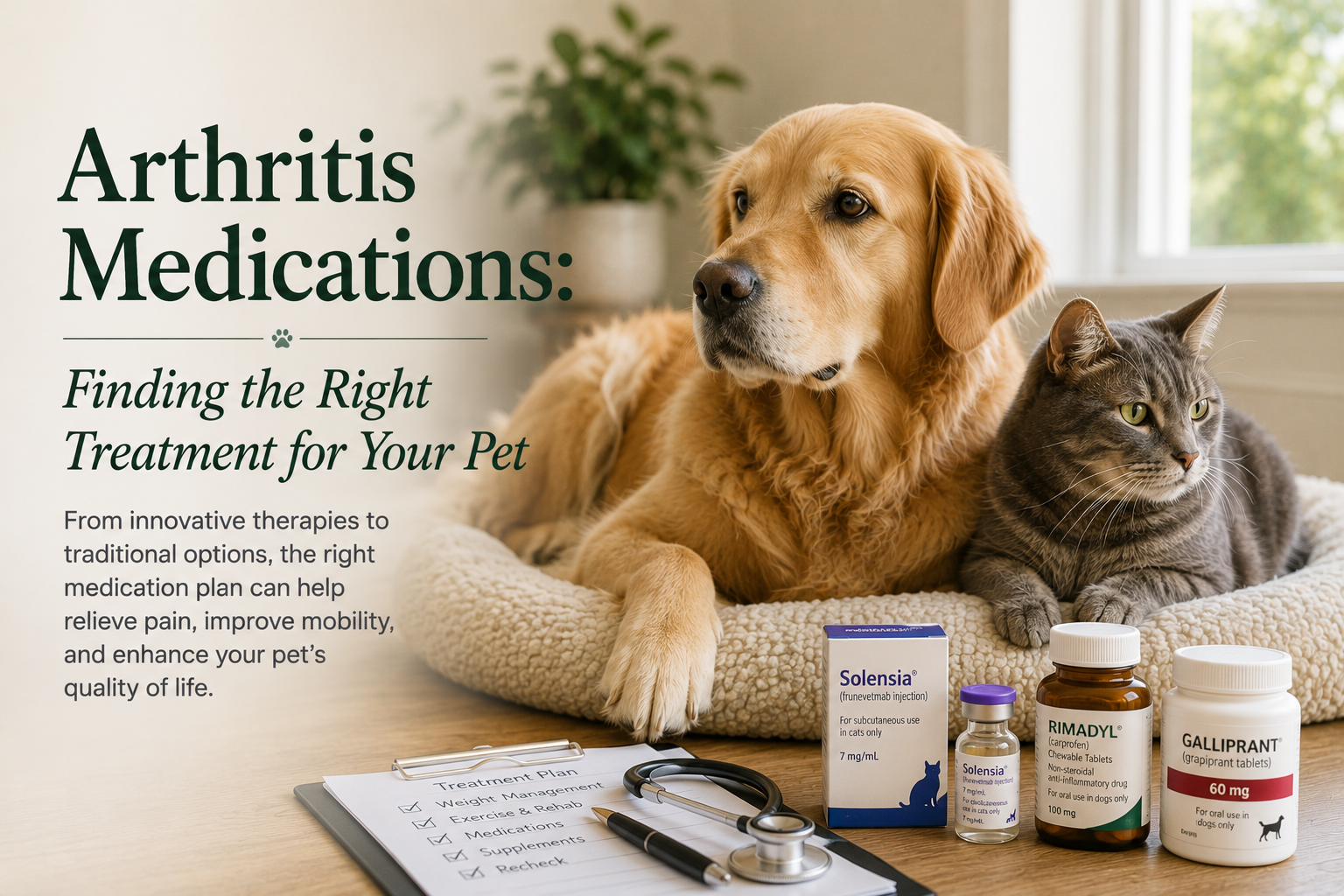 Golden retriever and cat beside arthritis medications and a treatment plan clipboard, with the title Arthritis Medications: Finding the Right Treatment for Your Pet.
