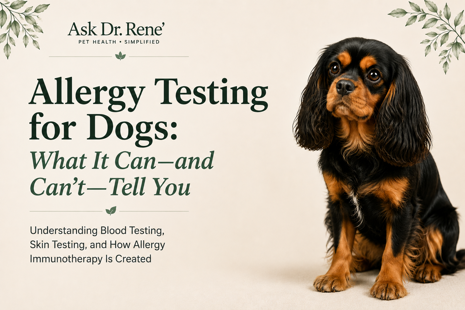 Black-and-tan Cavalier King Charles Spaniel for an educational veterinary article about allergy testing in dogs