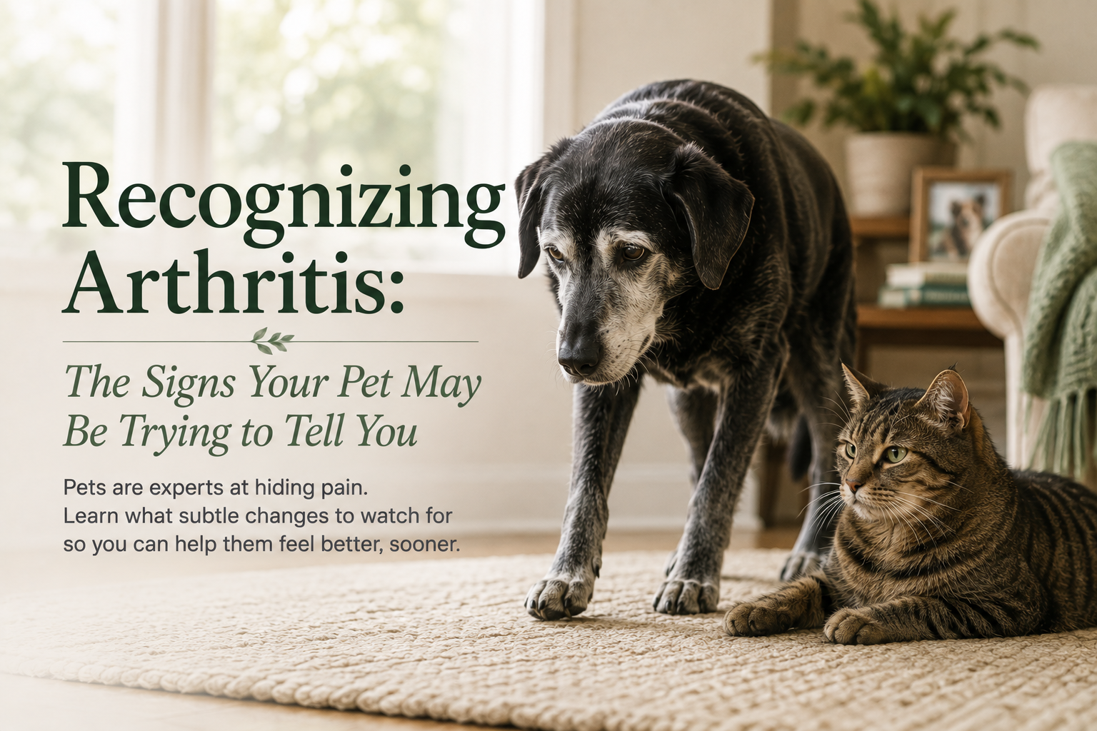 Senior dog and cat resting together beside the title Recognizing Arthritis: The Signs Your Pet May Be Trying to Tell You.