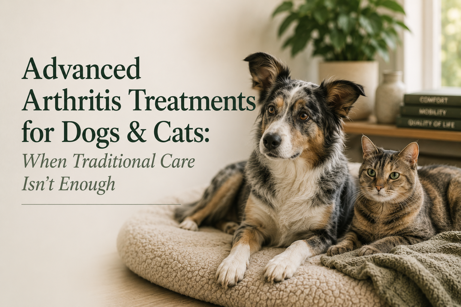 Advanced Arthritis Treatments for Dogs and Cats: When Traditional Care Isn't Enough — a veterinarian's guide to acupuncture, shockwave, PRP, stem cell therapy, joint injections, and hip surgery.