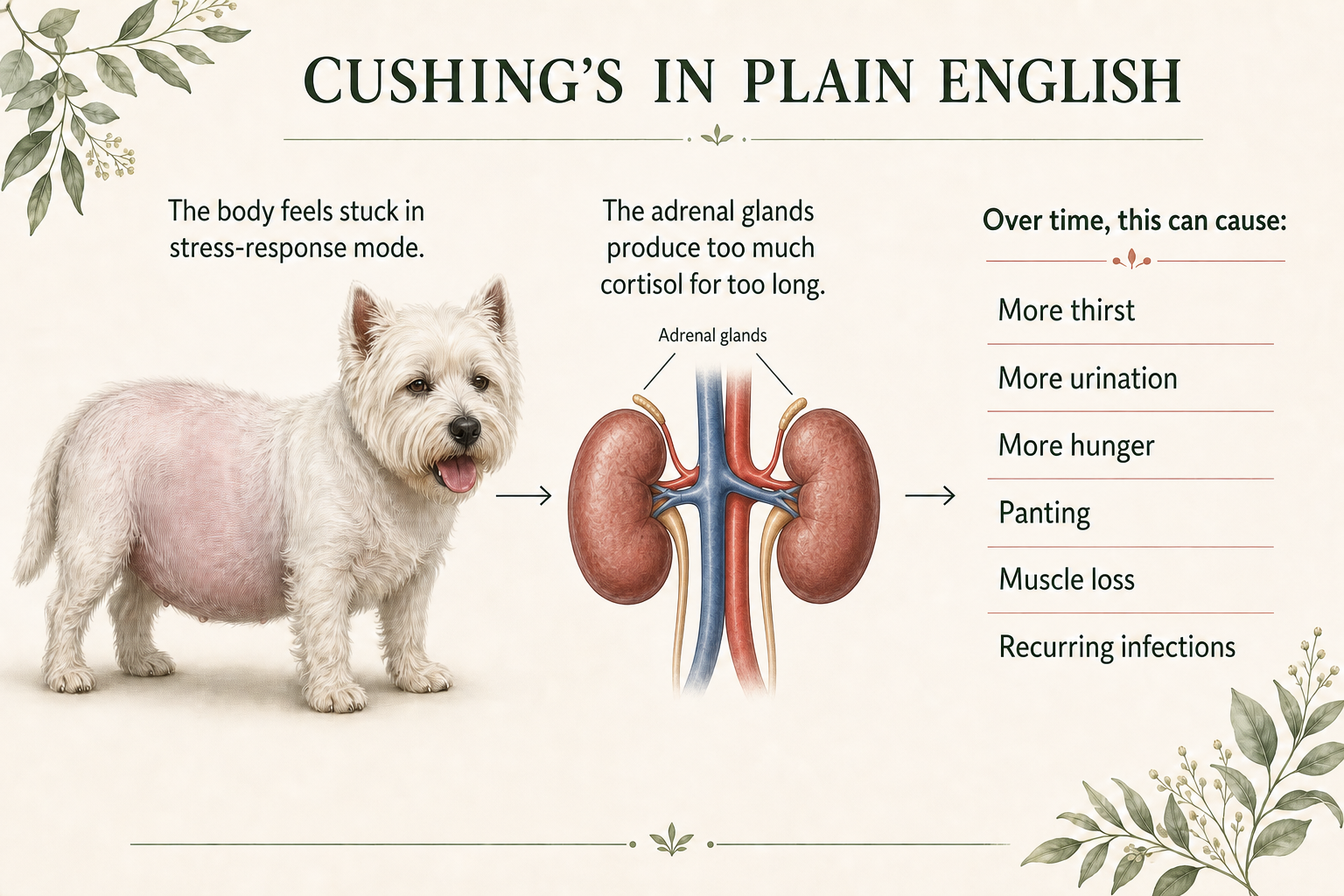 Infographic titled Cushing's in Plain English showing that the body feels stuck in stress-response mode, the adrenal glands produce too much cortisol for too long, and that this can cause more thirst, more urination, more hunger, panting, muscle loss, and recurring infections.