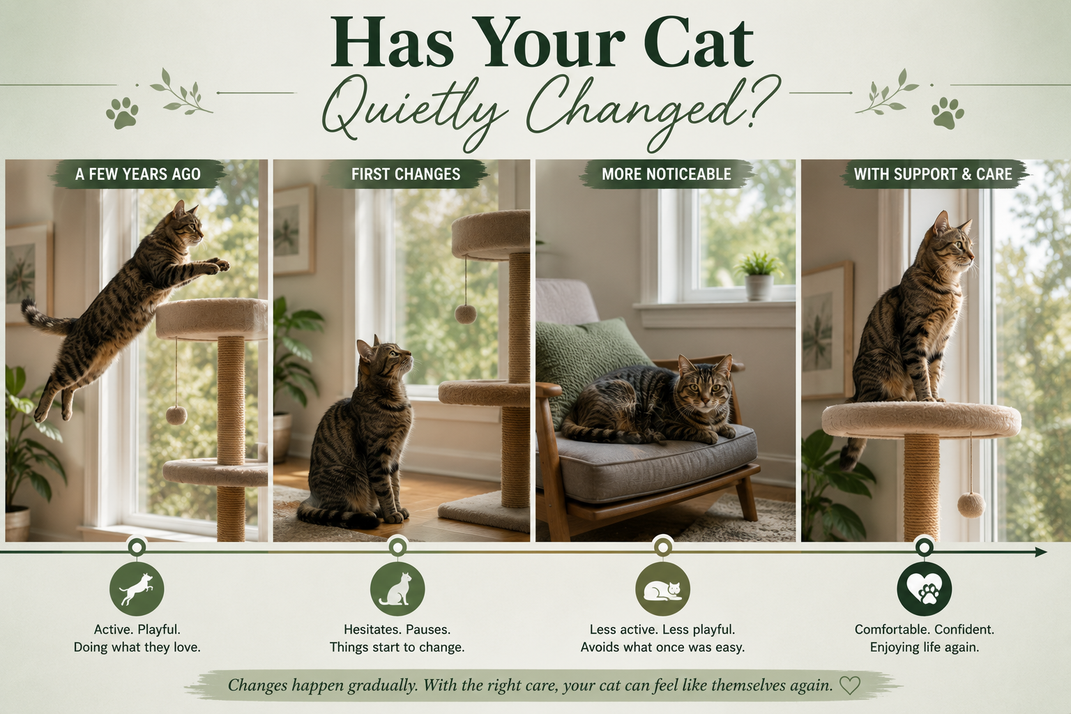 Four-stage timeline showing a tabby cat leaping onto a cat tree years ago, then hesitating before jumping, then resting low and avoiding what once was easy, and finally comfortable and confident again with supportive care.