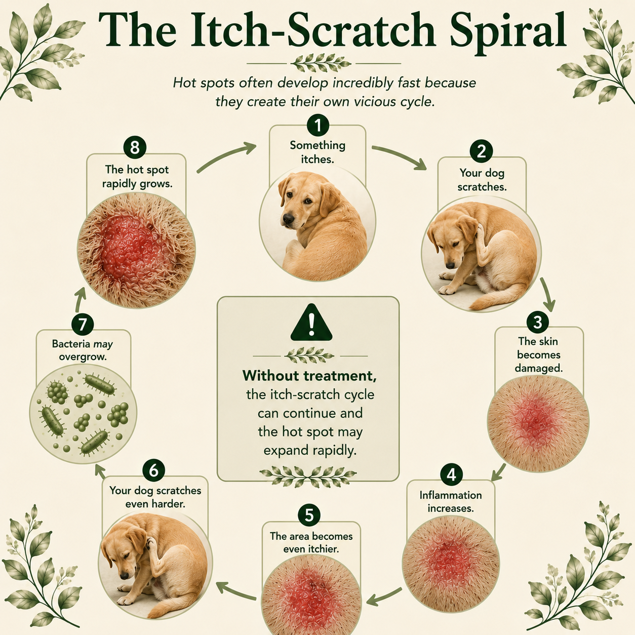 The Itch-Scratch Spiral infographic showing how itching, scratching, skin damage, inflammation, bacterial overgrowth, and continued self-trauma can cause a dog's hot spot to rapidly expand.