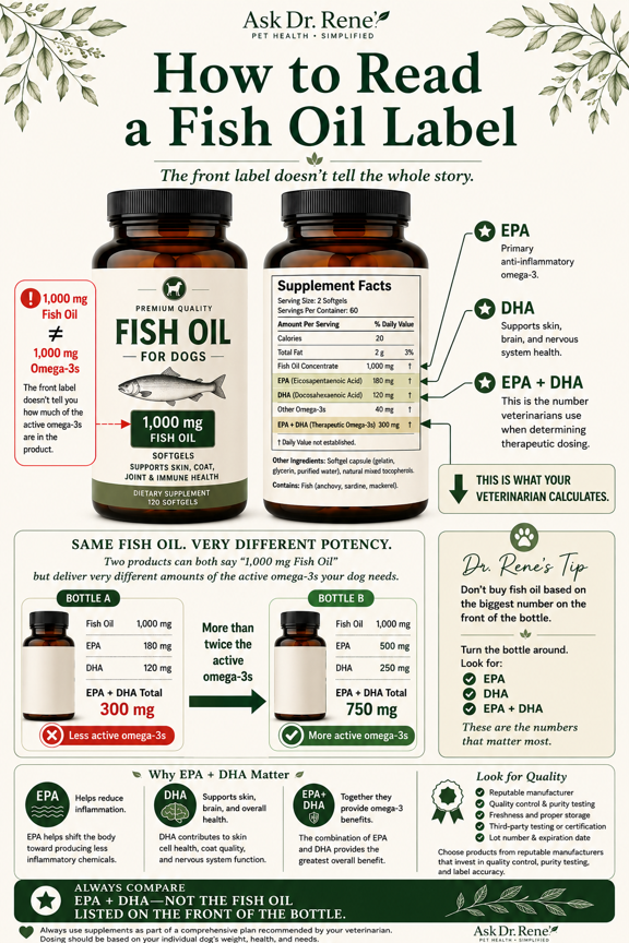 Infographic showing dog owners how to read a fish oil supplement label and compare EPA and DHA content rather than relying on total fish oil milligrams