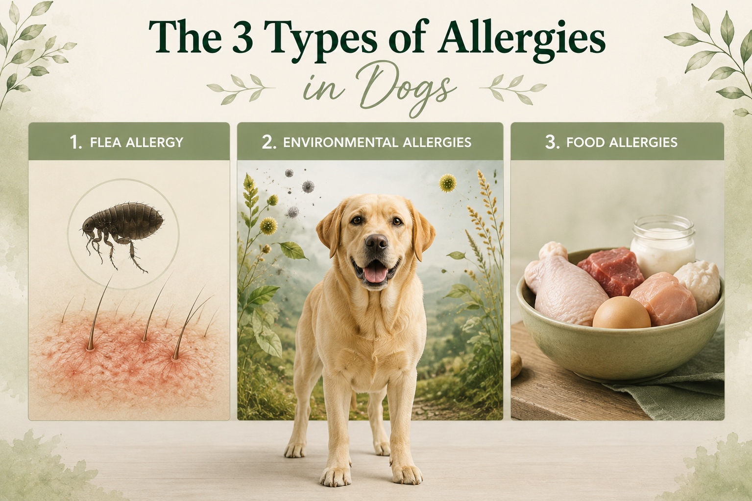 The three types of allergies in dogs: flea allergy, environmental allergies, and food allergies.
