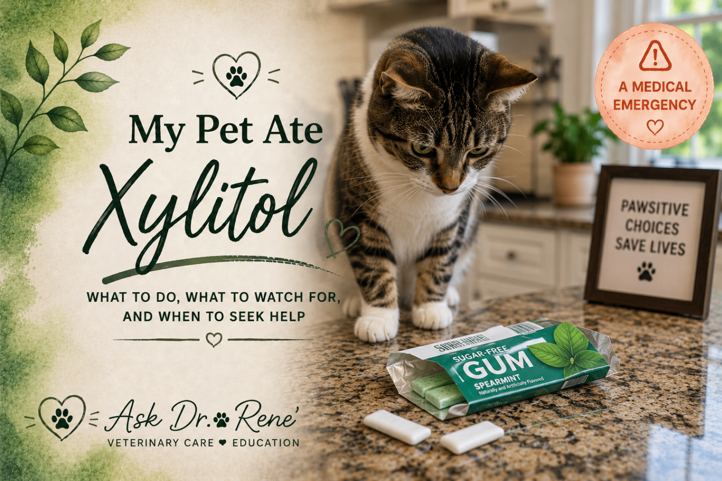 Illustrated cover: a tabby cat next to a pack of sugar-free gum beside the words 'My Pet Ate Xylitol — What to do, what to watch for, and when to seek help.'