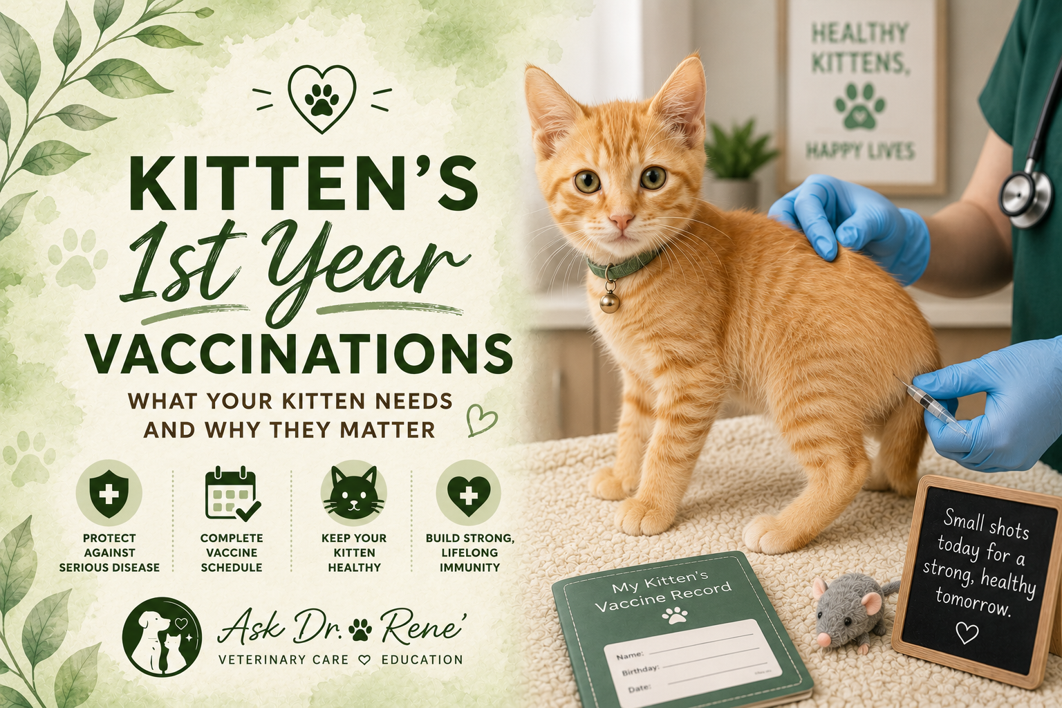 Ask Dr. Rene' cover art: an orange tabby kitten receiving a vaccine from a veterinarian, with the title 'Kitten's 1st Year Vaccinations — What Your Kitten Needs and Why They Matter.'