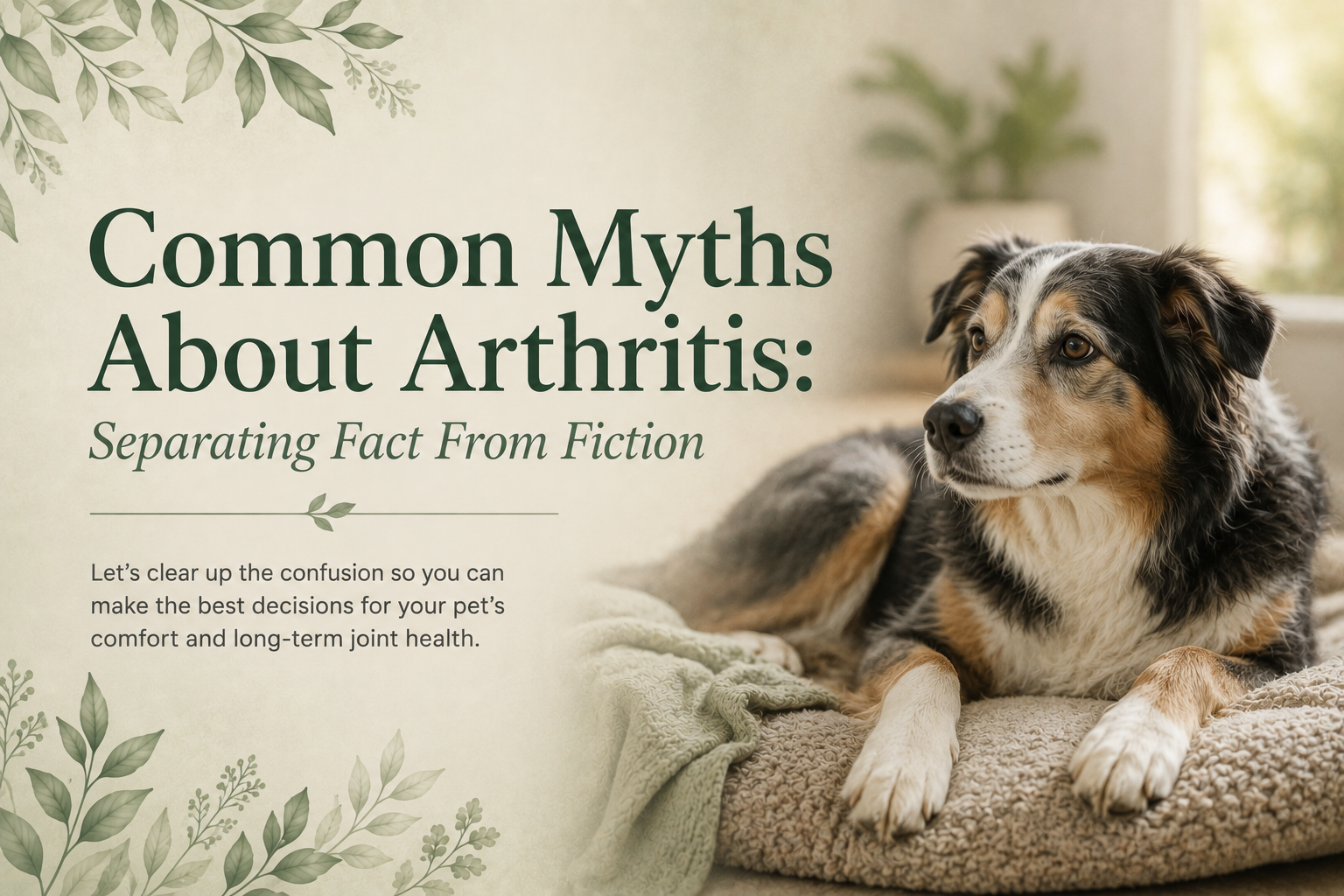 Australian shepherd resting on a dog bed beside the title Common Myths About Arthritis: Separating Fact From Fiction.