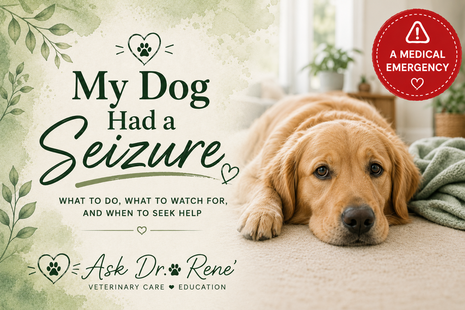 Illustrated cover: a golden retriever resting on a rug with a soft green blanket beside the words 'My Dog Had a Seizure — What to do, what to watch for, and when to seek help' and a red 'A Medical Emergency' badge.