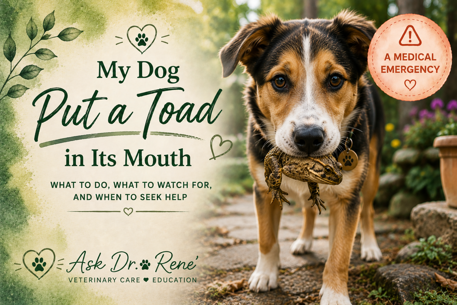 Illustrated cover: a tricolor dog holding a toad gently in its mouth beside the words 'My Dog Put a Toad in Its Mouth — What to do, what to watch for, and when to seek help.'