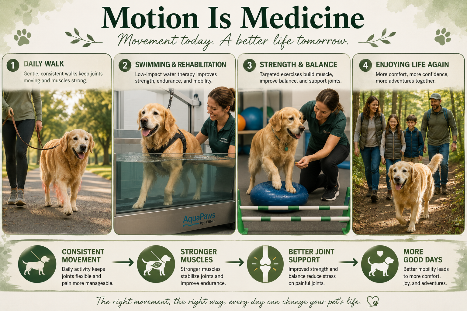 Infographic explaining why consistent daily movement improves mobility, strength, joint support, and quality of life in dogs and cats with arthritis.