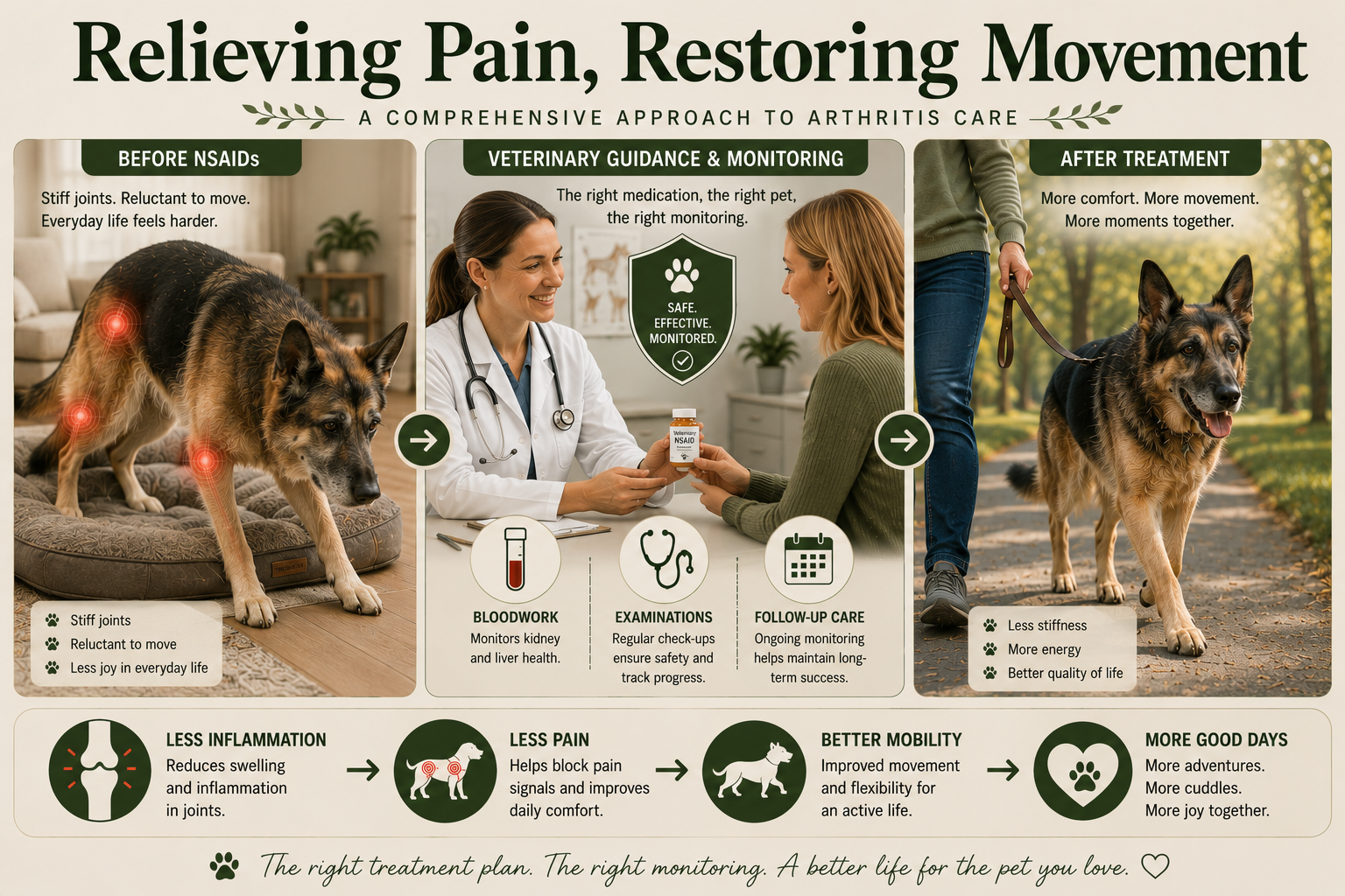 Three-panel infographic titled Relieving Pain, Restoring Movement: A Comprehensive Approach to Arthritis Care — before NSAIDs a German shepherd has stiff joints and is reluctant to move, veterinary guidance and monitoring includes bloodwork, examinations, and follow-up care, and after treatment the dog walks comfortably with less stiffness, more energy, and better quality of life.