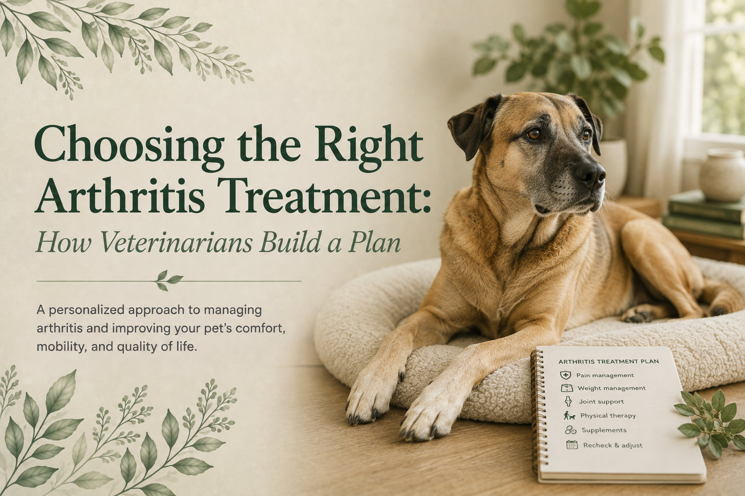 Senior dog resting on a bed beside a notebook titled Arthritis Treatment Plan, under the title Choosing the Right Arthritis Treatment: How Veterinarians Build a Plan.