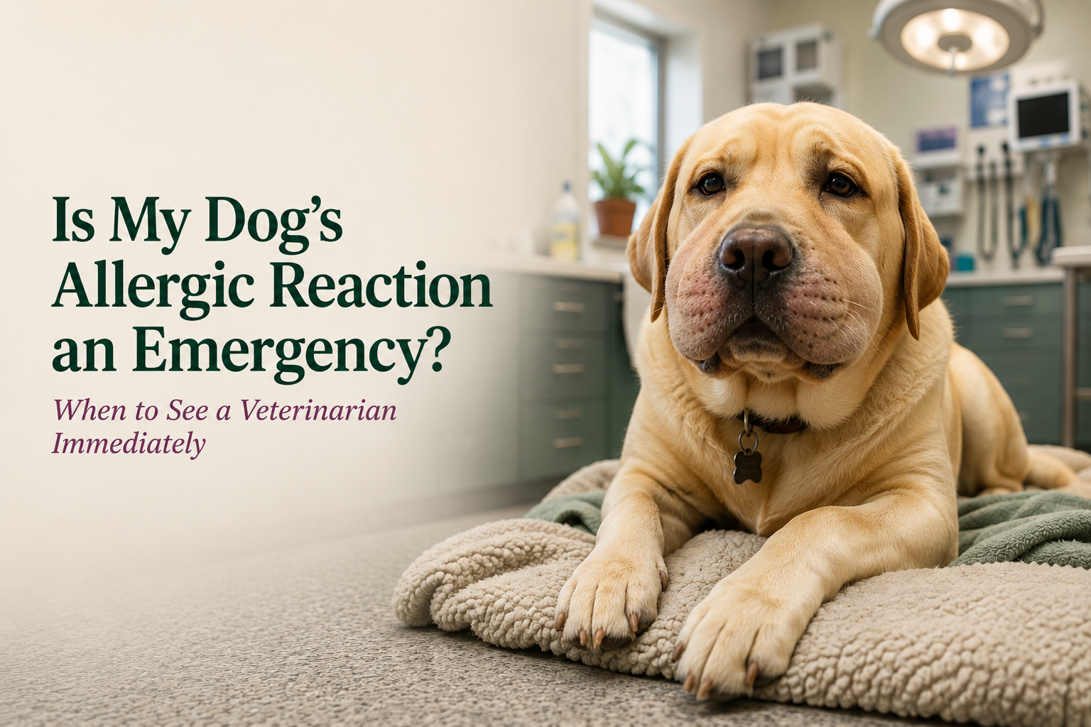 Yellow Labrador Retriever with facial swelling in a veterinary setting for an article about allergic reaction emergencies in dogs.