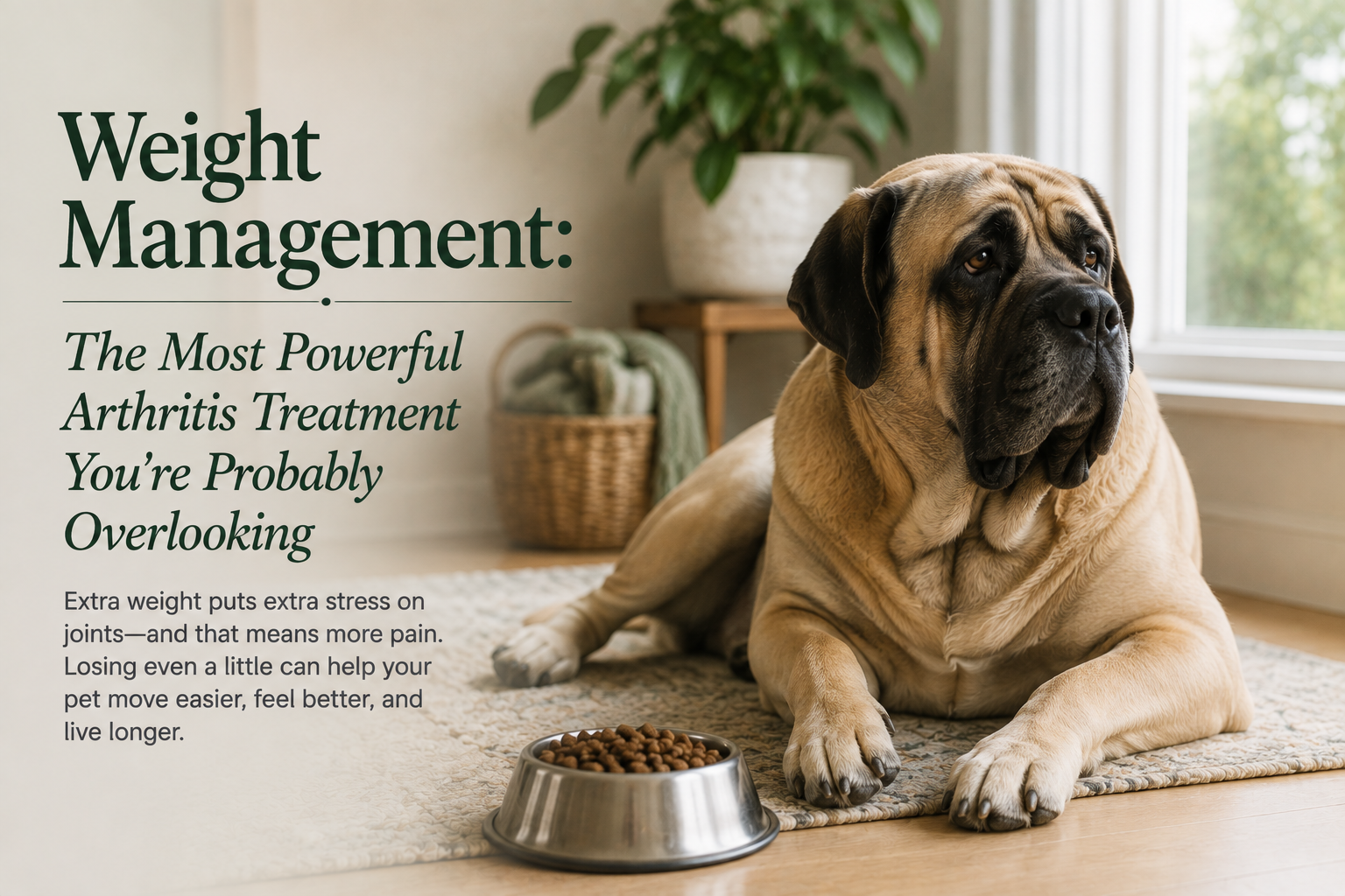 Large dog beside a food bowl with the title Weight Management: The Most Powerful Arthritis Treatment You're Probably Overlooking.