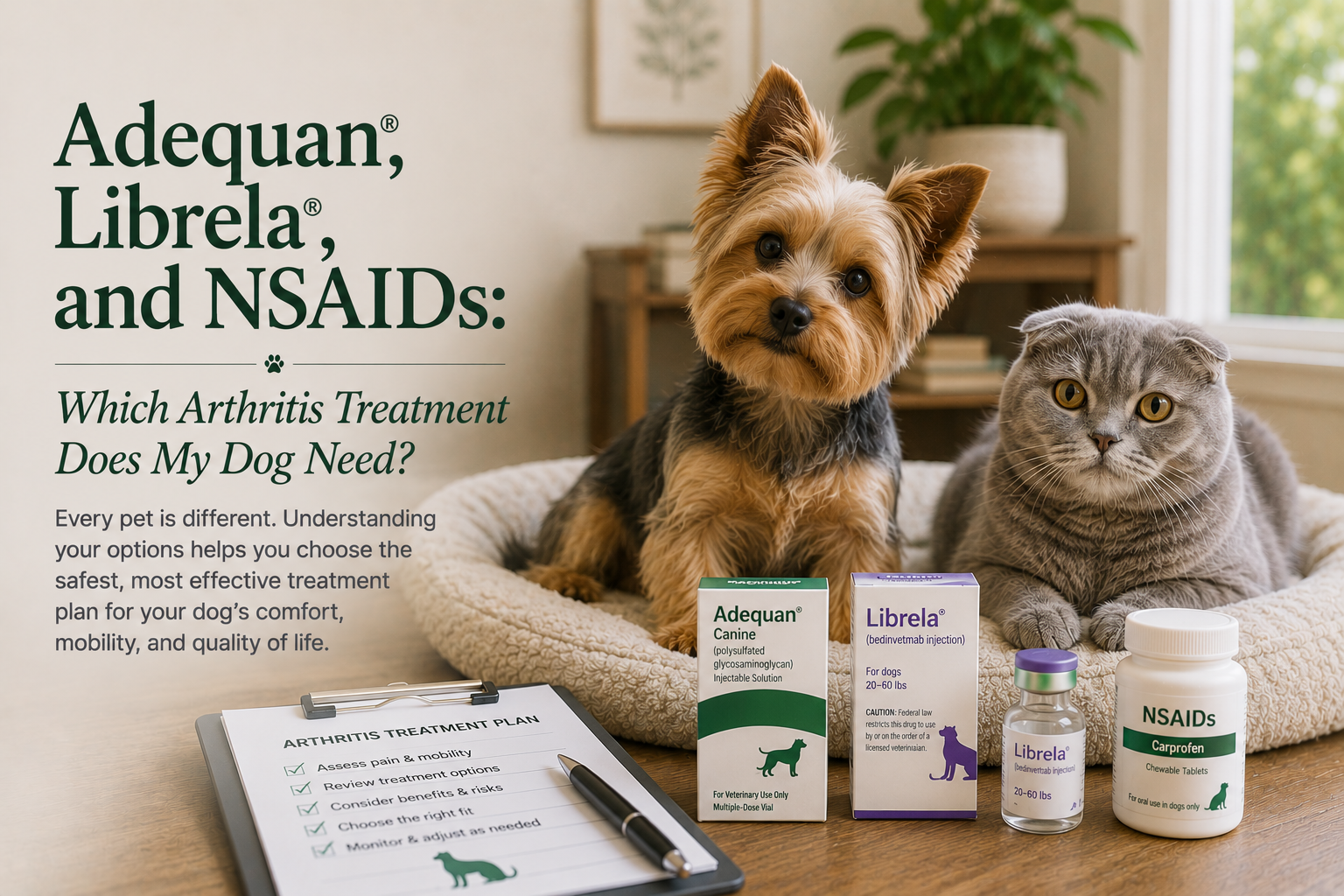 Terrier and cat beside medication bottles and a treatment plan checklist, with the title Adequan, Librela, and NSAIDs: Which Arthritis Treatment Does My Dog Need?