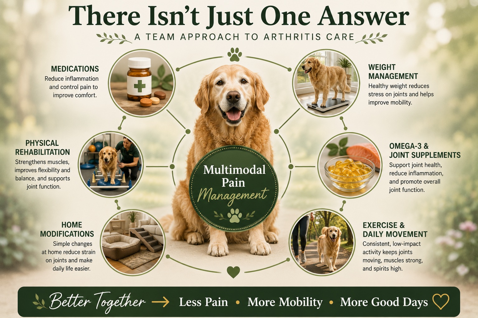 Infographic titled There Isn't Just One Answer: A Team Approach to Arthritis Care — a golden retriever surrounded by six circles for medications, weight management, physical rehabilitation, omega-3 and joint supplements, home modifications, and exercise and daily movement, all connected to a central multimodal pain management hub.