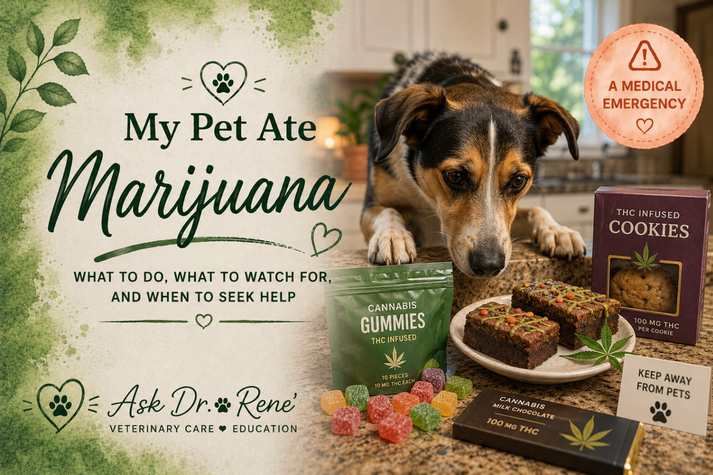 Illustrated cover: a dog on a kitchen counter next to THC edibles, gummies, and cannabis chocolate with an 'A Medical Emergency' badge and the words 'My Pet Ate Marijuana — What to do, what to watch for, and when to seek help.'