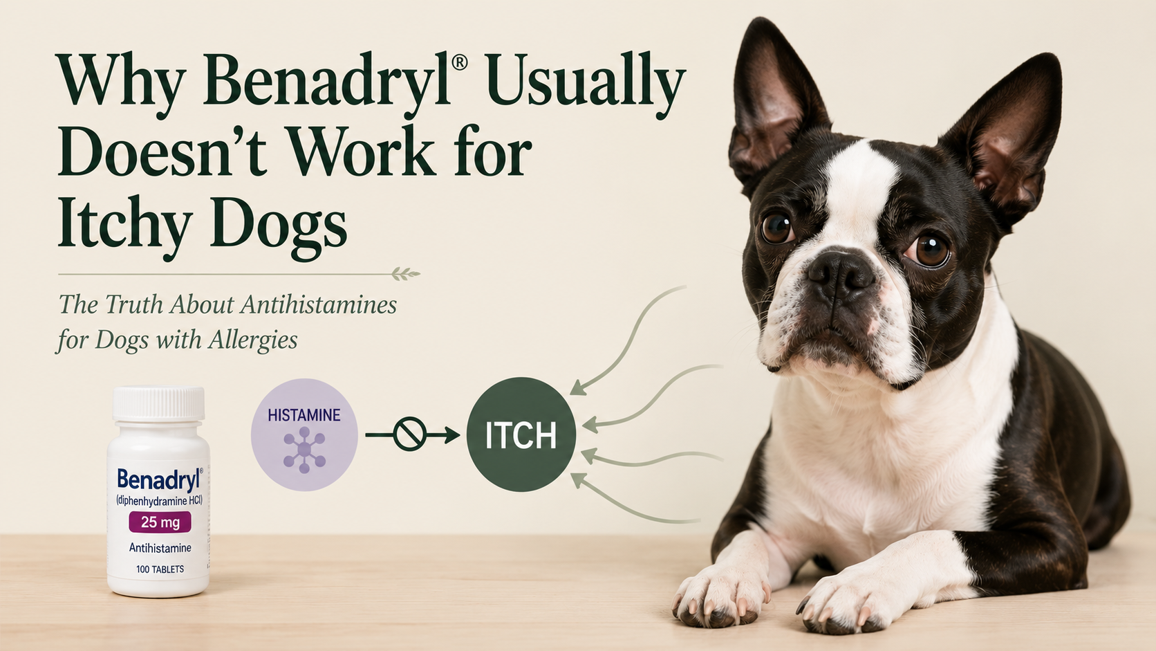 Boston Terrier with a veterinary illustration showing Benadryl blocking histamine while other allergic itch pathways remain active