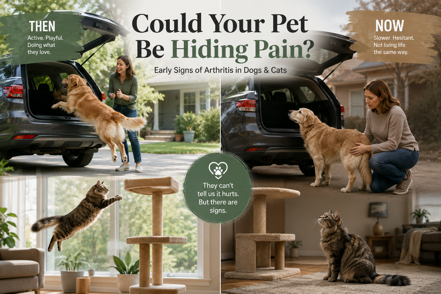 Then-and-now comparison cover showing dogs and cats before and after developing signs of joint pain, used as the Arthritis Learning Series cover art.