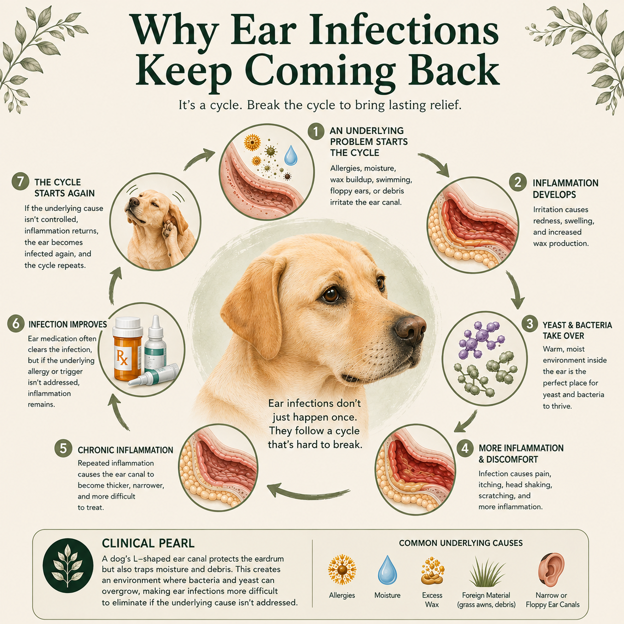 Infographic showing the seven-step cycle of recurring ear infections in dogs, from an underlying problem through inflammation, yeast and bacterial overgrowth, chronic inflammation, and relapse.
