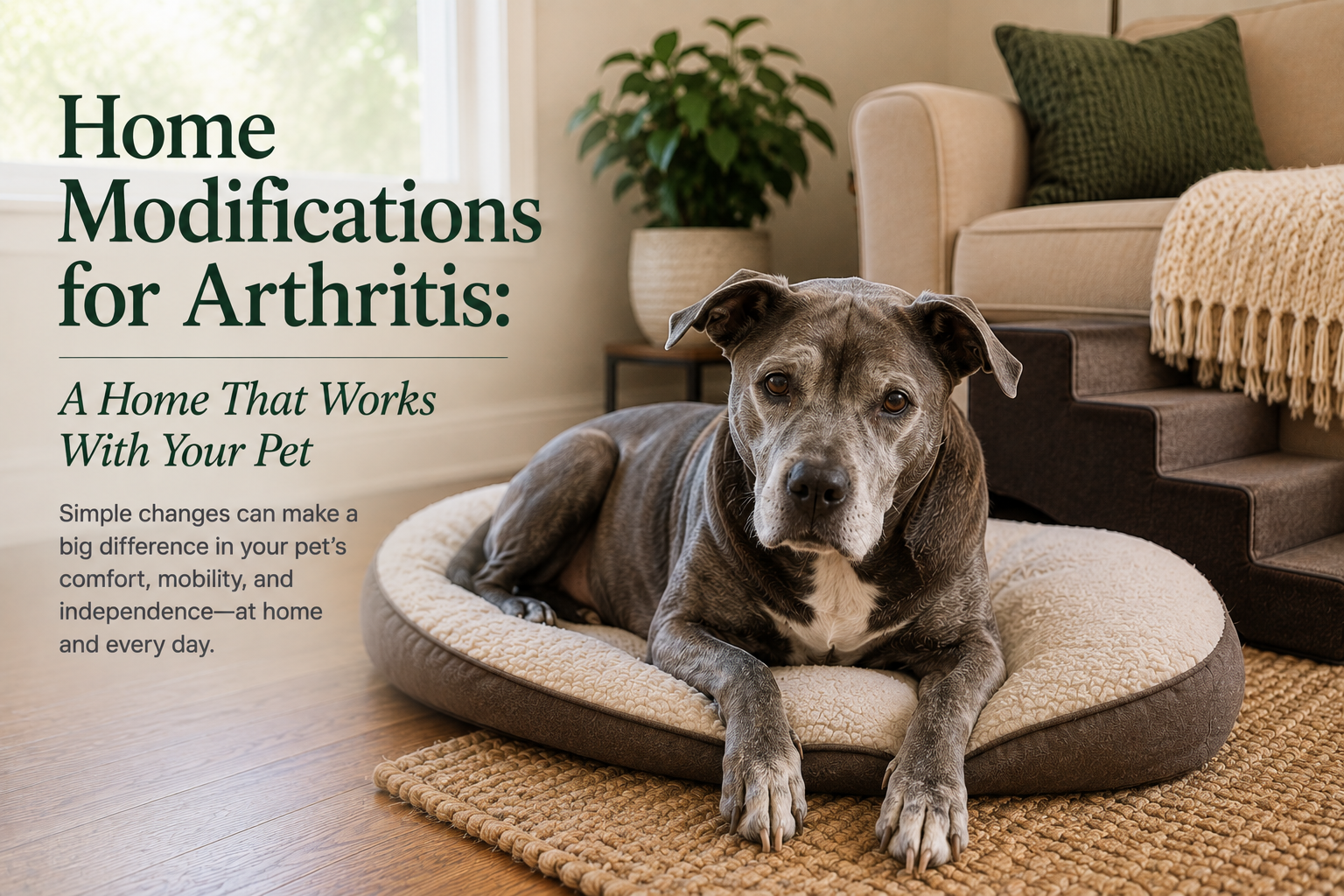 Senior brindle dog resting on an orthopedic bed beside pet stairs and a non-slip rug, with the title Home Modifications for Arthritis: A Home That Works With Your Pet.