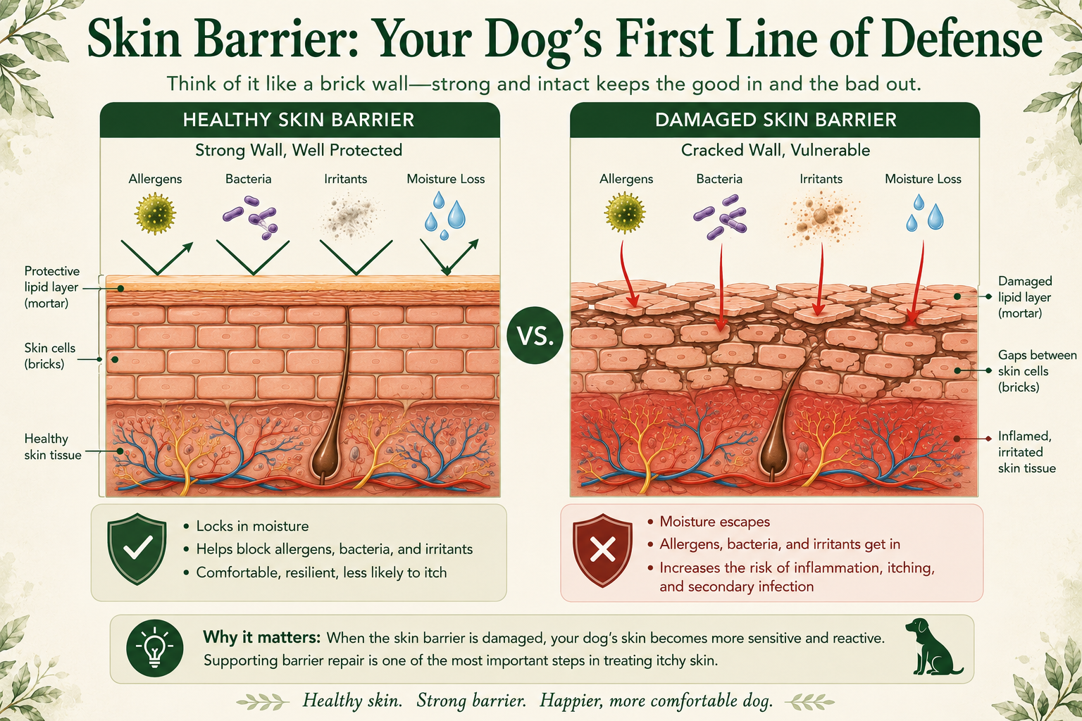 Healthy skin barrier compared with damaged allergic skin barrier using the brick wall analogy.