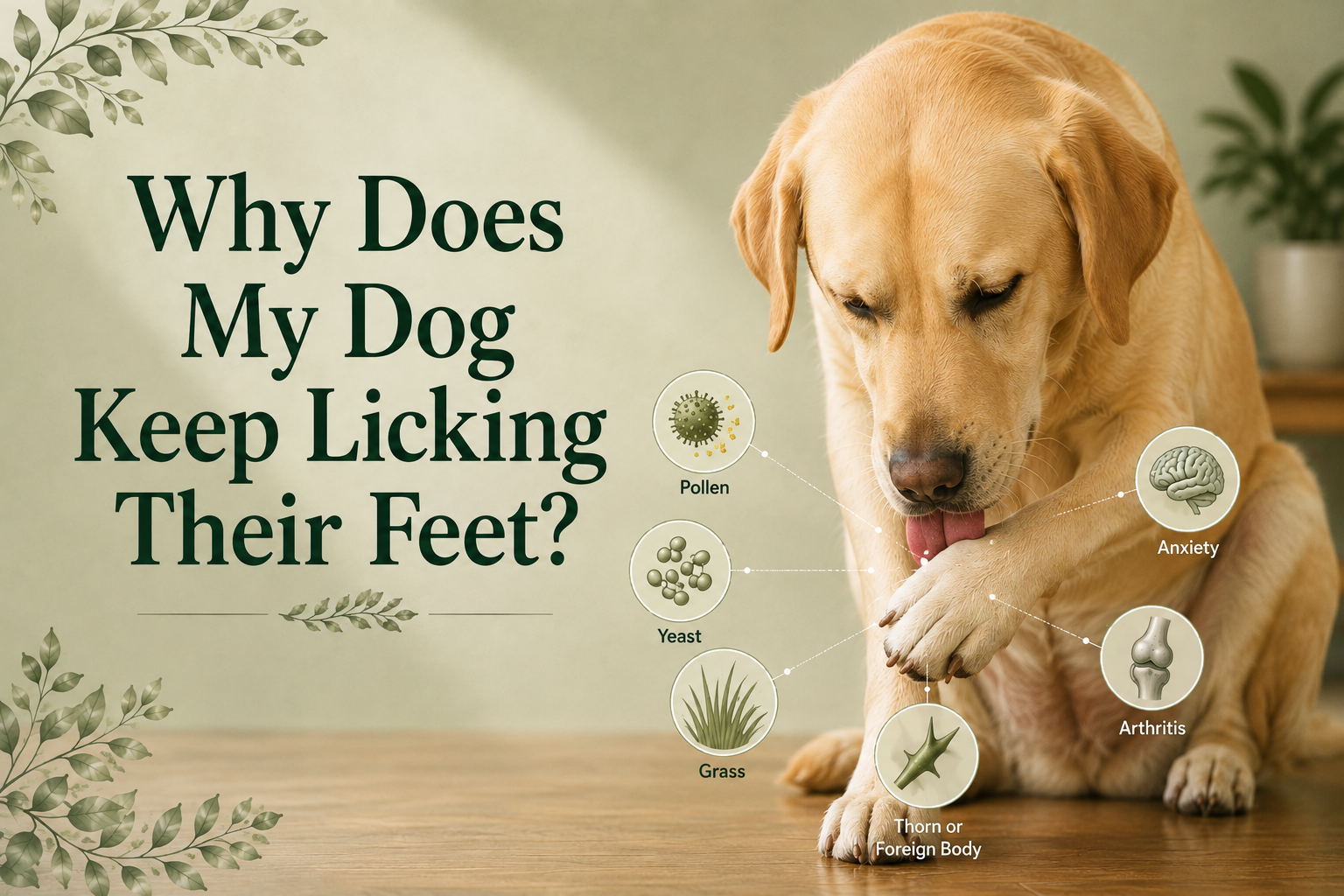 Yellow Labrador Retriever licking one front paw with diagnostic overlays illustrating pollen, yeast, grass, foreign body, arthritis, and anxiety as possible causes of foot licking.