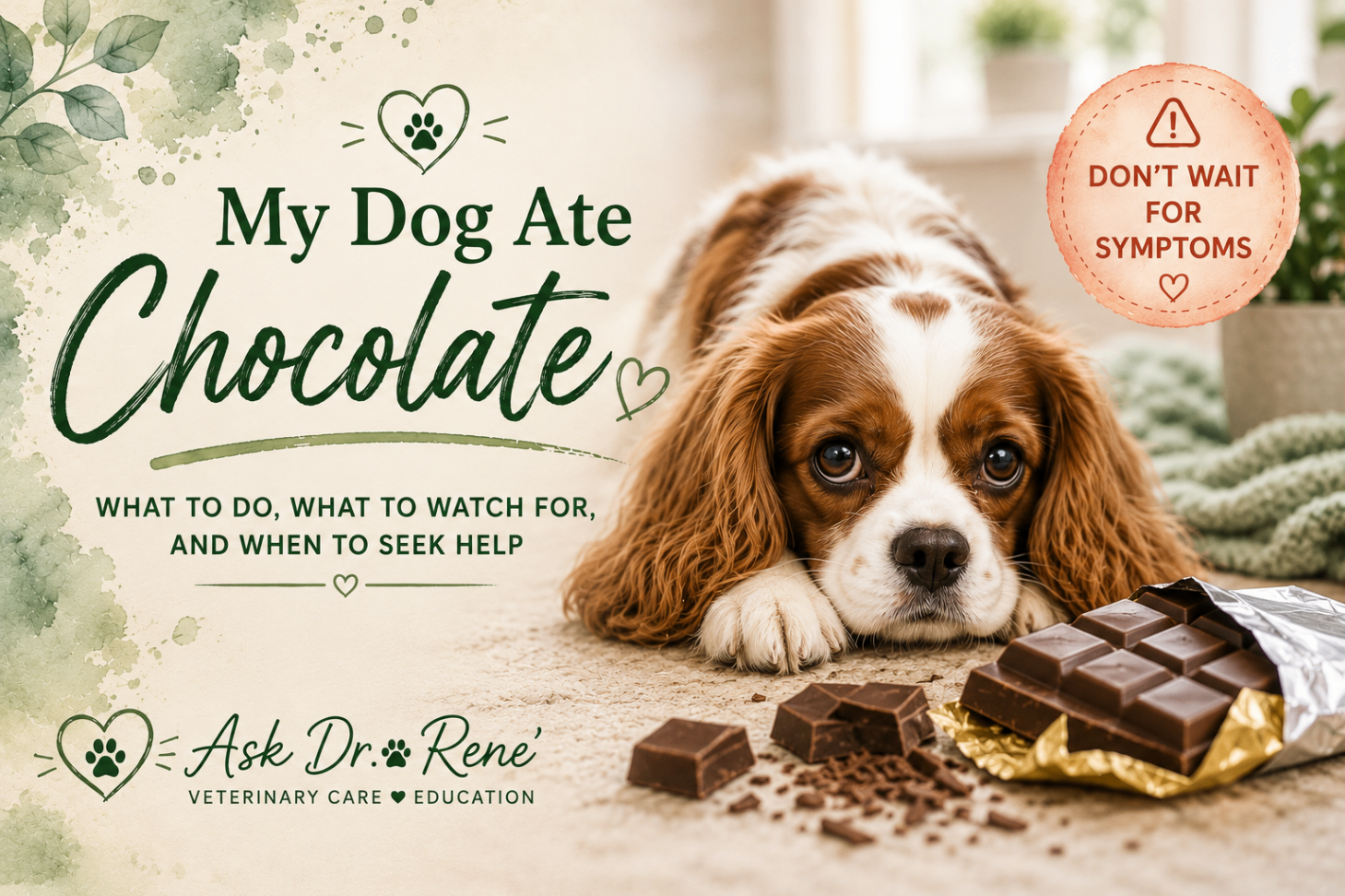 Illustrated cover: a Cavalier King Charles Spaniel lying beside an open chocolate bar with a 'Don't Wait for Symptoms' badge and the words 'My Dog Ate Chocolate — What to do, what to watch for, and when to seek help.'
