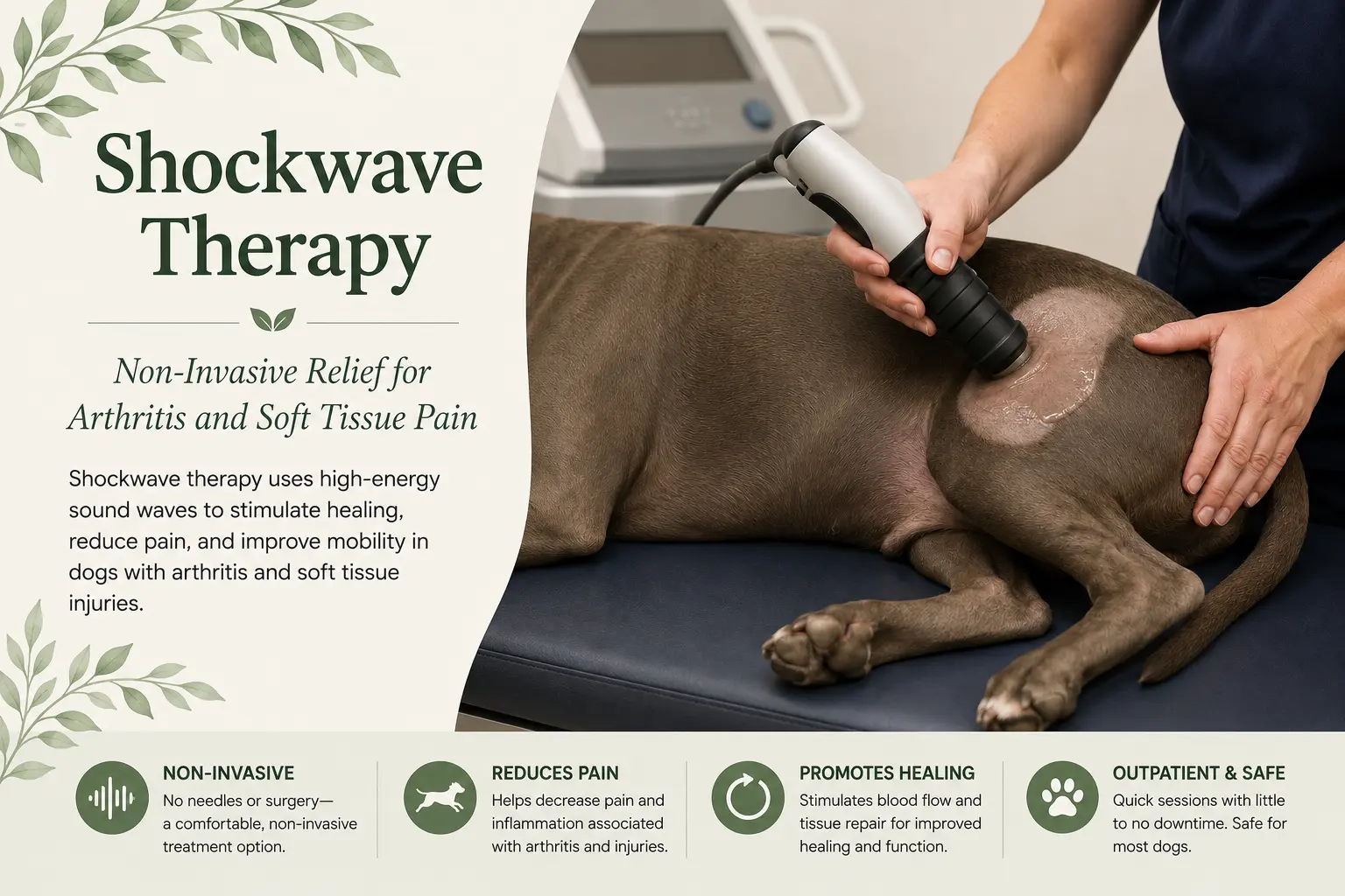 A dog receiving extracorporeal shockwave therapy on the hip with a handheld probe.