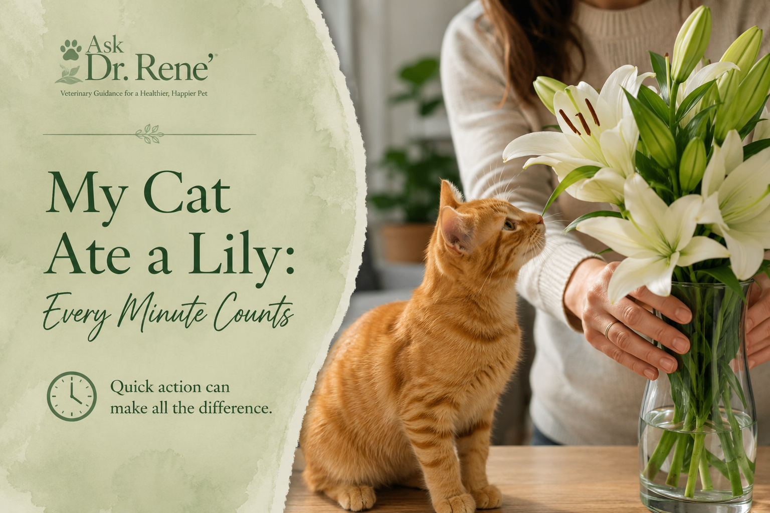 Ask Dr. Rene' cover art: an orange tabby cat sniffing white lilies in a glass vase held by a woman, with the title 'My Cat Ate a Lily: Every Minute Counts.'
