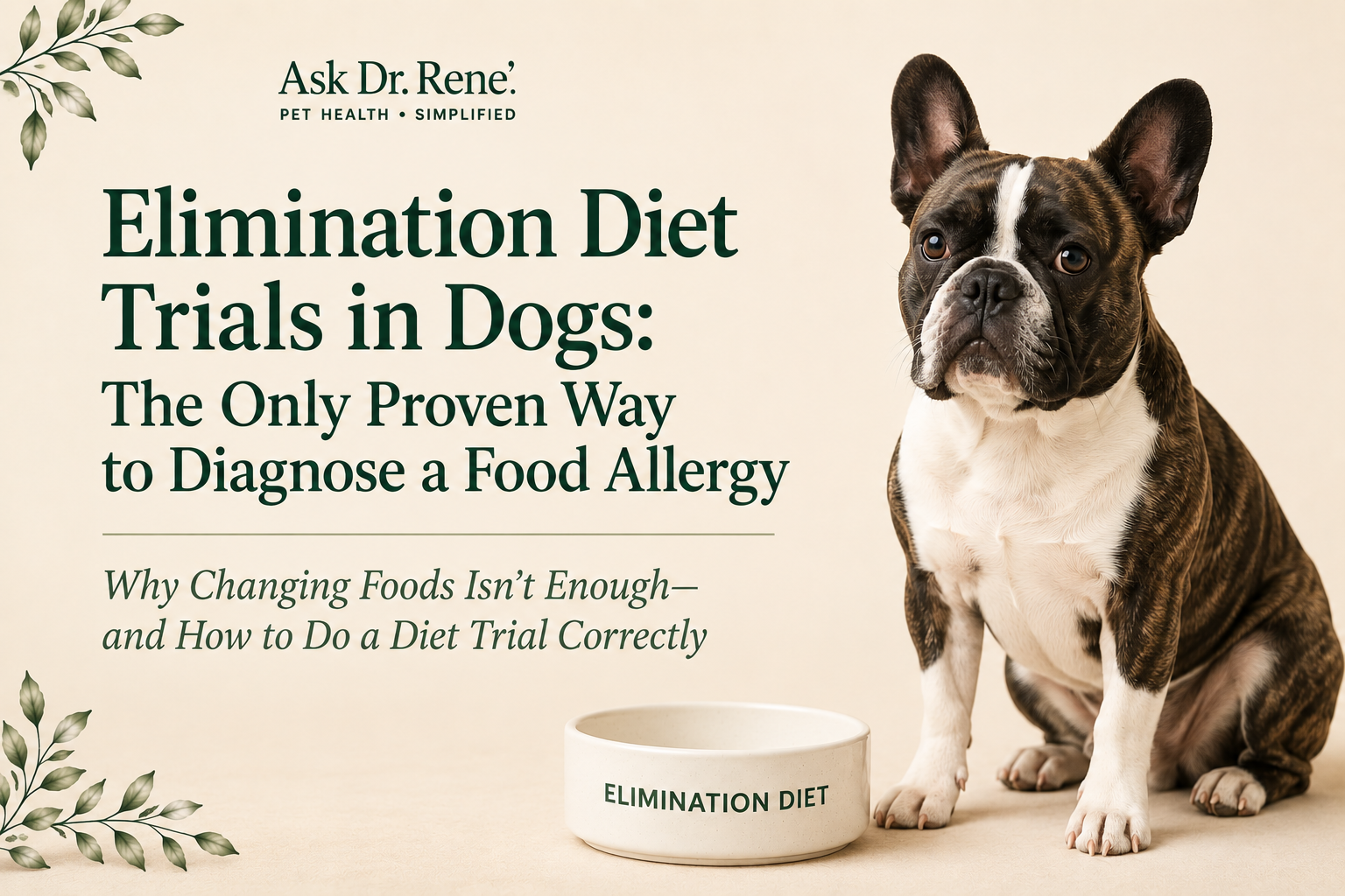 Brindle-and-white French Bulldog beside an elimination diet bowl for an Ask Dr. Rene' educational article about diagnosing food allergies in dogs with an elimination diet trial.