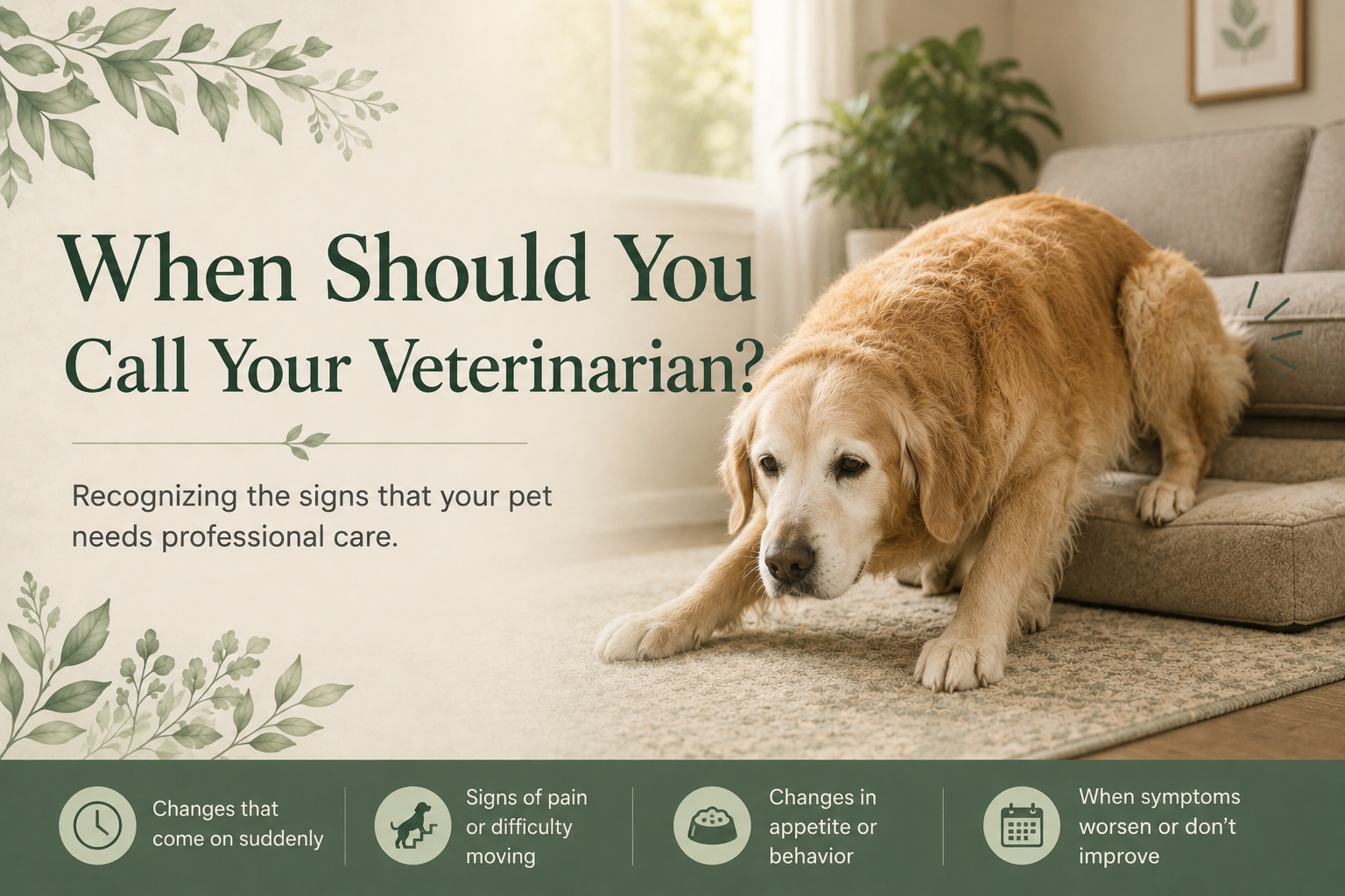 Senior golden retriever stretching stiffly at home beside the title When Should You Call Your Veterinarian?
