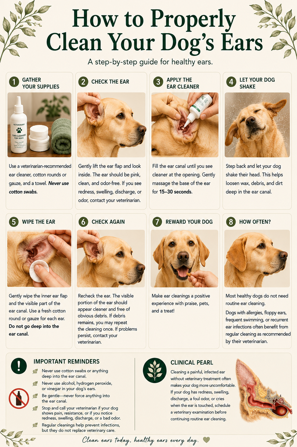 Eight-step illustrated guide to properly cleaning a dog's ears, including gathering supplies, checking the ear, applying cleaner, letting the dog shake, wiping, rechecking, rewarding, and how often to clean.