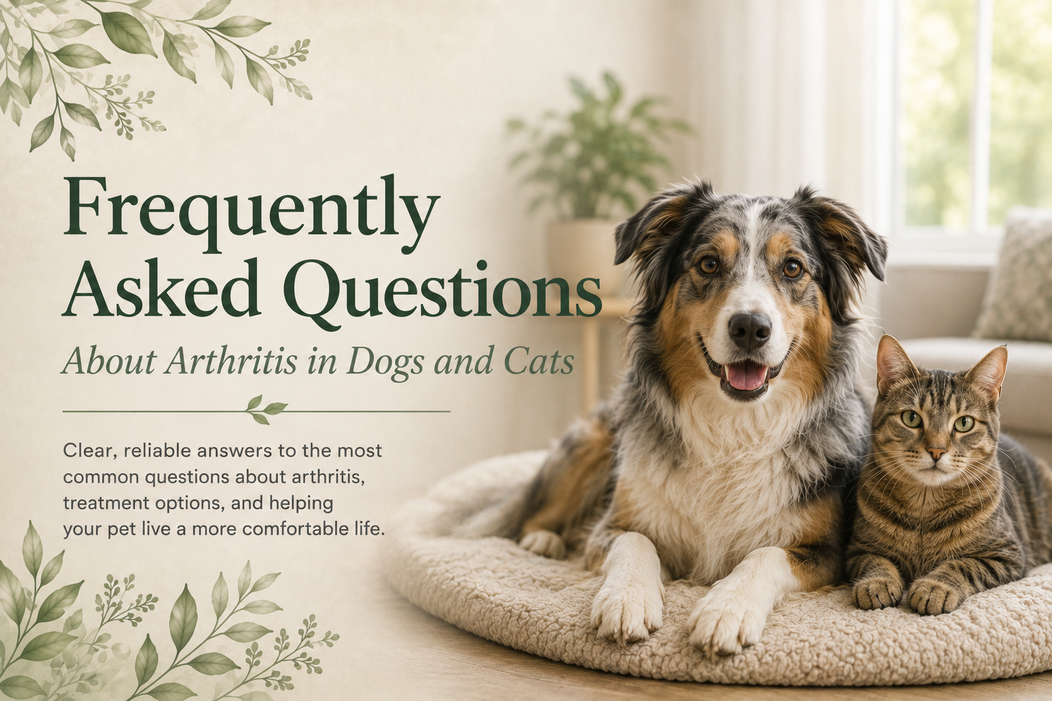 Dog and cat resting together on a bed beside the title Frequently Asked Questions About Arthritis in Dogs and Cats.