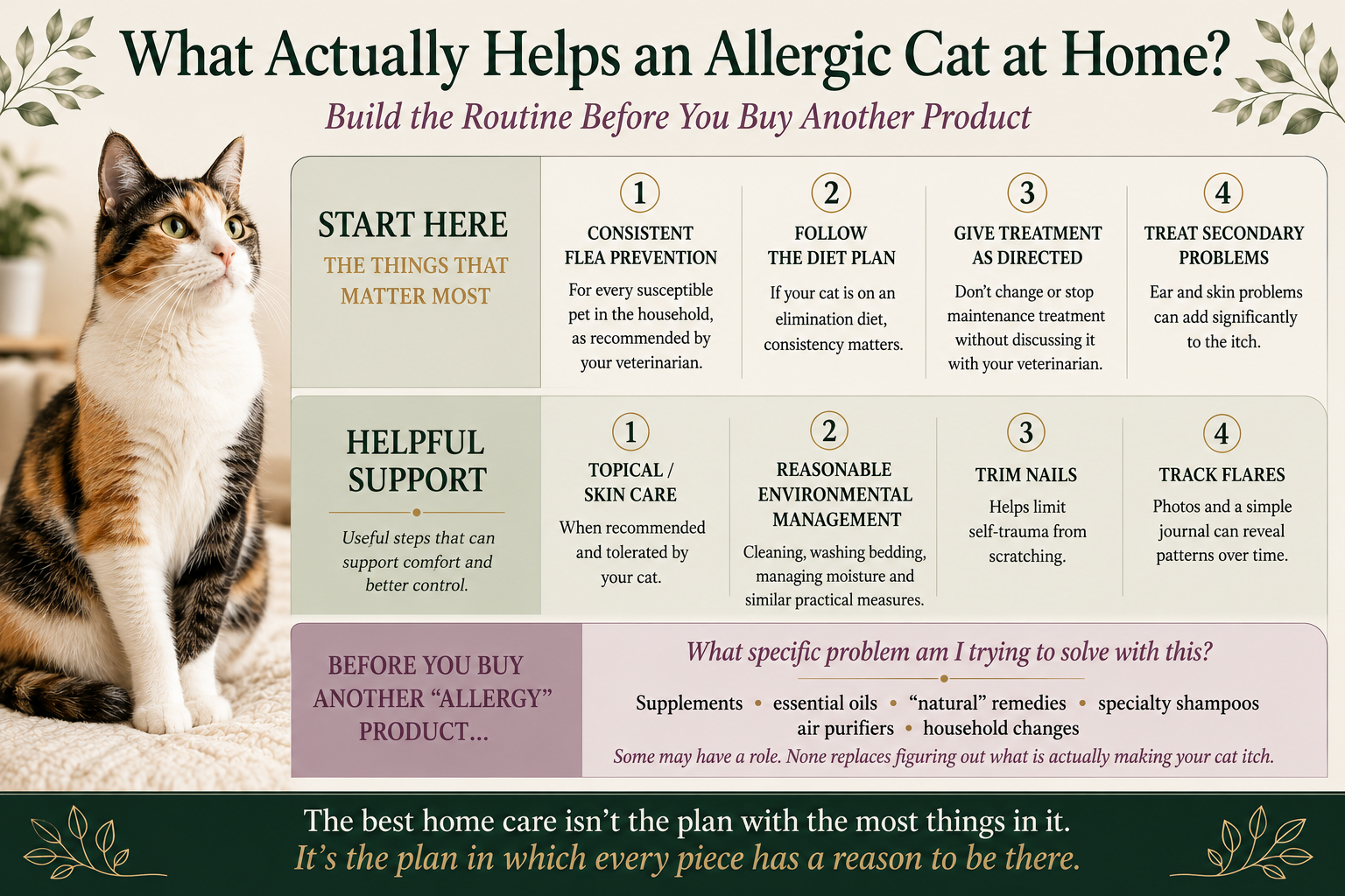 Infographic showing a three-tier home care hierarchy for allergic cats: start with flea prevention, the diet plan, treatment as directed, and treating secondary problems; then helpful support such as topical care, environmental management, nail trims, and tracking flares; and finally questions to ask before buying another allergy product.