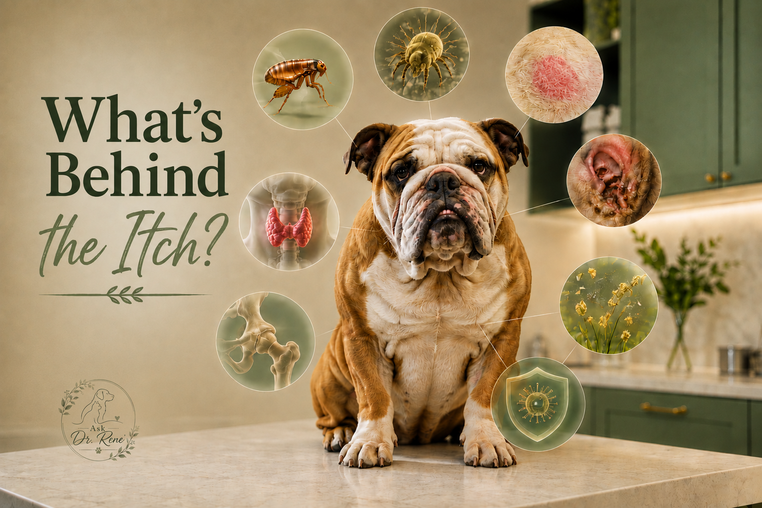 What's Behind the Itch? English Bulldog surrounded by illustrations of common causes of itching including fleas, mites, skin inflammation, ear disease, arthritis, pollen, hormonal disease, and immune dysfunction.