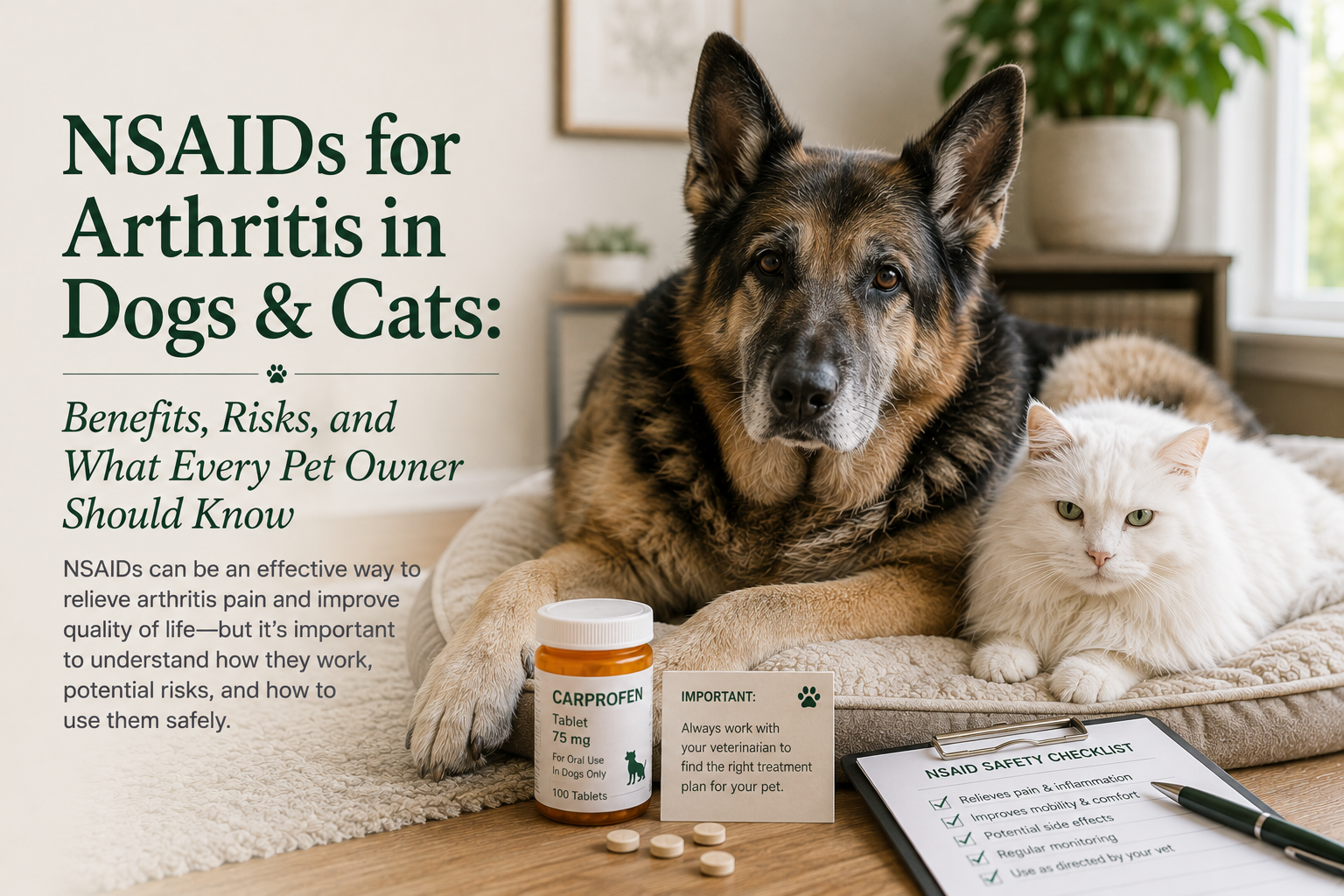 German shepherd and white cat resting together beside a carprofen bottle and an NSAID safety checklist, with the title NSAIDs for Arthritis in Dogs & Cats: Benefits, Risks, and What Every Pet Owner Should Know.