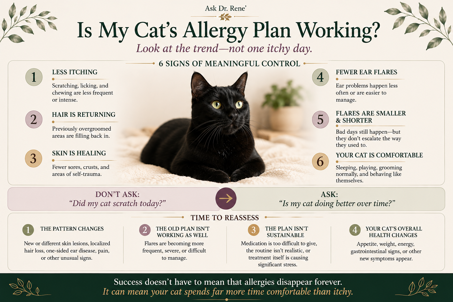 Infographic titled Is My Cat's Allergy Plan Working? showing six signs of meaningful control, a reminder to look at the trend rather than a single itchy day, and four situations that mean it is time to reassess the plan.