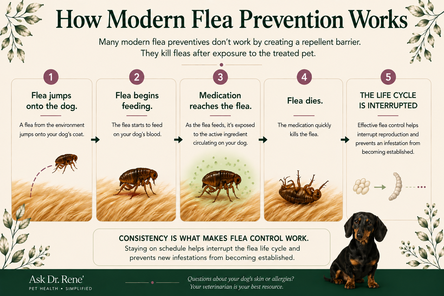 Five-step infographic explaining how modern flea prevention works, from flea exposure through interruption of the flea life cycle.