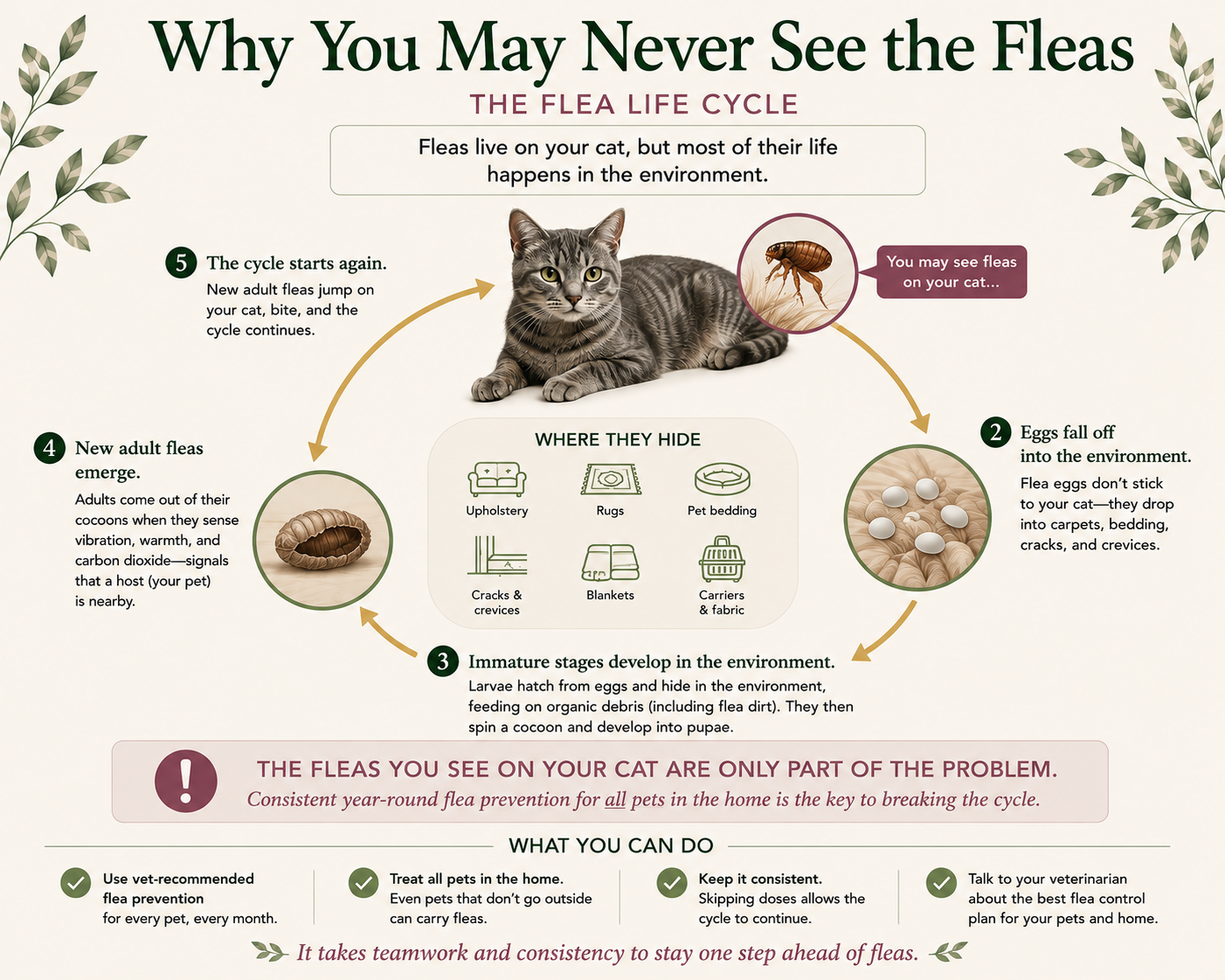 Why You May Never See the Fleas infographic showing the flea life cycle from adult fleas on a cat to eggs falling into the home, immature stages developing in the environment, new adult fleas emerging, and the cycle beginning again.