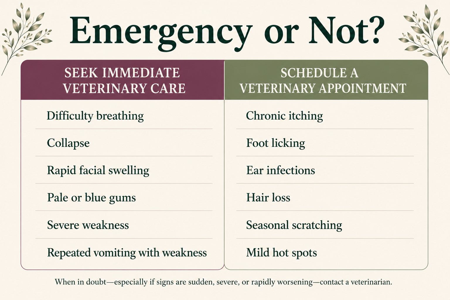 Comparison chart showing allergy signs that require immediate veterinary care, such as difficulty breathing, collapse, and rapidly progressing facial swelling, versus signs that can be handled with a scheduled veterinary appointment, such as seasonal itching, paw licking, and recurrent ear problems.