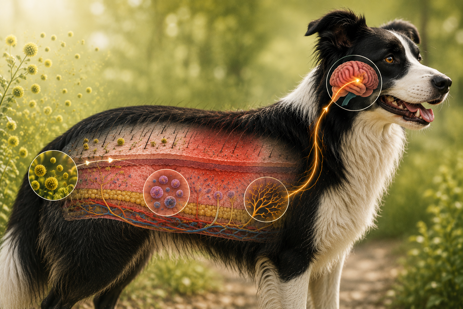 Cutaway illustration showing allergens penetrating the skin, immune activation, itch nerves, and the brain's perception of itch.