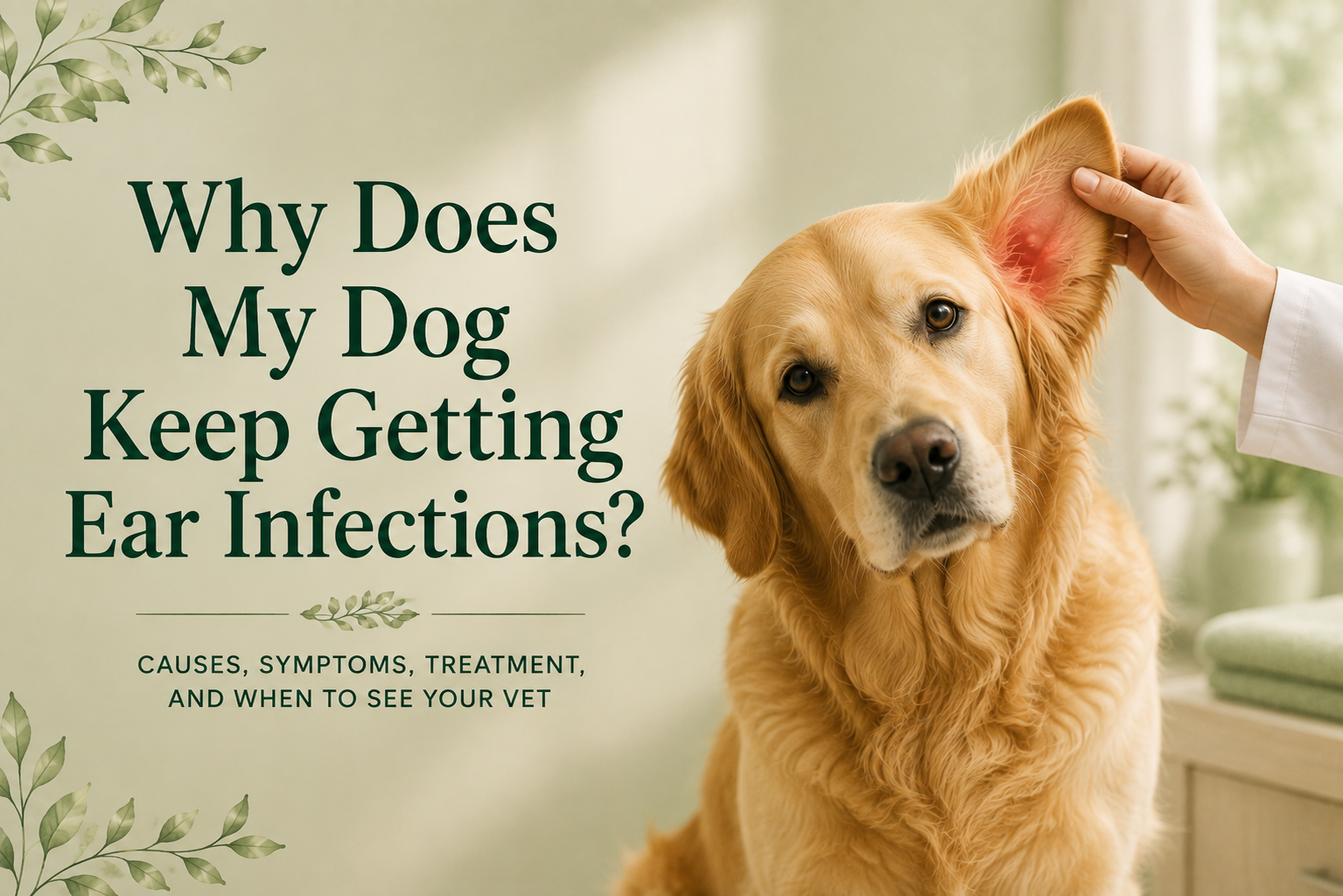 A veterinarian gently lifting the inflamed ear flap of a golden retriever, beside the title Why Does My Dog Keep Getting Ear Infections?